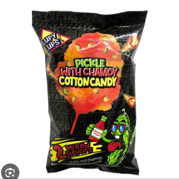 Pickle with chamoy cotton candy